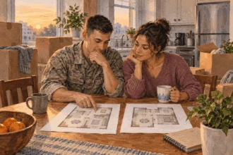 Painted illustration of a military household comparing apartment plans during a move.