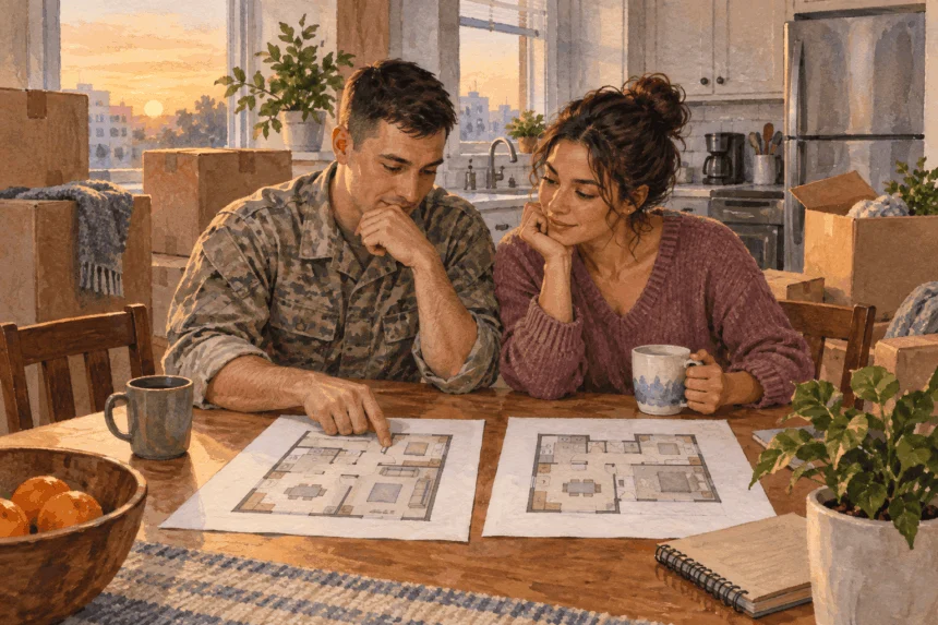 Painted illustration of a military household comparing apartment plans during a move.
