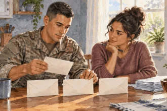 Conceptual watercolor painting of military household sorts budget envelopes.