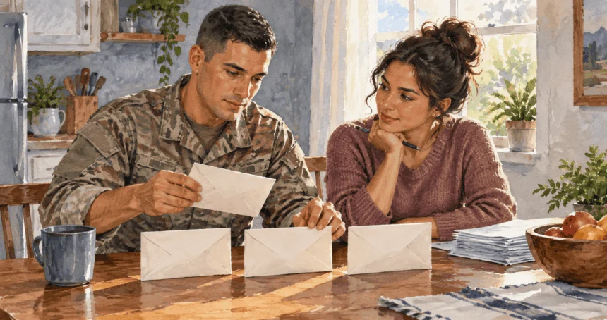 Conceptual watercolor painting of military household sorts budget envelopes.