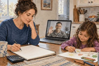 Conceptual painting of a military family budgeting while apart.