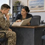 Service member consults a pay clerk about a plain compensation folder.