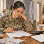 Conceptual watercolor painting of service member checks pay statement at home.