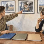 Conceptual painting of a service member reviewing career options with a counselor.