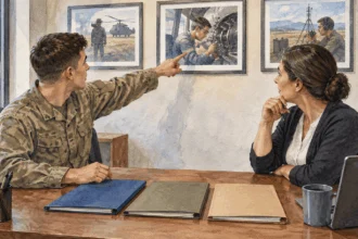 Conceptual painting of a service member reviewing career options with a counselor.