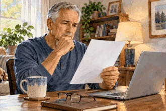 Painted illustration of a person reviewing a blank pay statement beside a laptop at home.