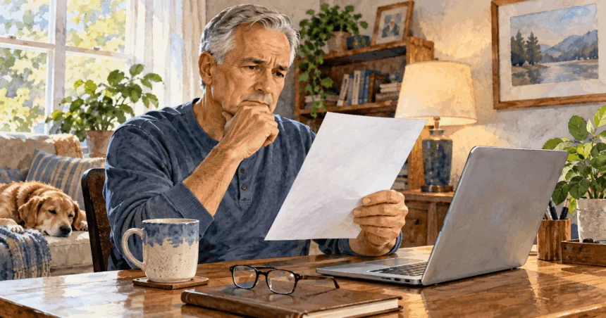 Painted illustration of a person reviewing a blank pay statement beside a laptop at home.