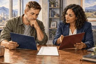 Conceptual watercolor painting of service member compares work offers with a counselor.