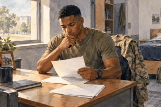 Conceptual painting of an off-duty service member reviewing blank retirement papers at a modest desk.