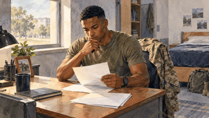 Conceptual painting of an off-duty service member reviewing blank retirement papers at a modest desk.