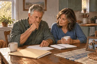 Painted illustration of a retired service member and spouse planning for family finances.