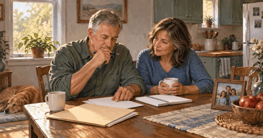 Painted illustration of a retired service member and spouse planning for family finances.