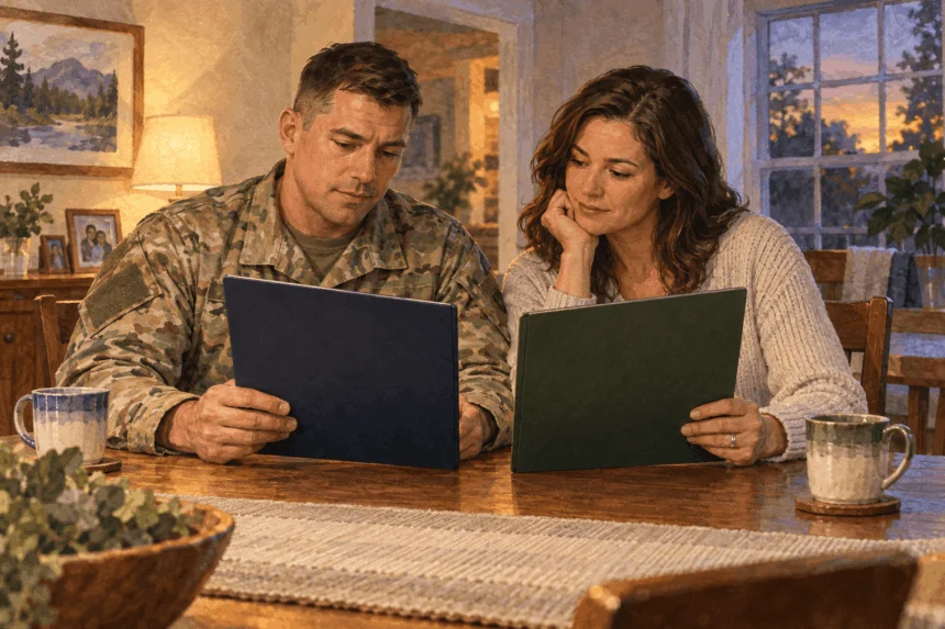 Painted illustration of a military couple comparing life-insurance folders.