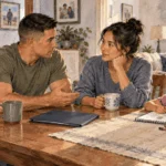 Conceptual painting of a service member and spouse discussing a closed folder while a child draws nearby.