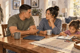 Conceptual painting of a service member and spouse discussing a closed folder while a child draws nearby.