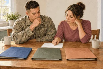 Conceptual painting of a military family comparing health-plan choices.