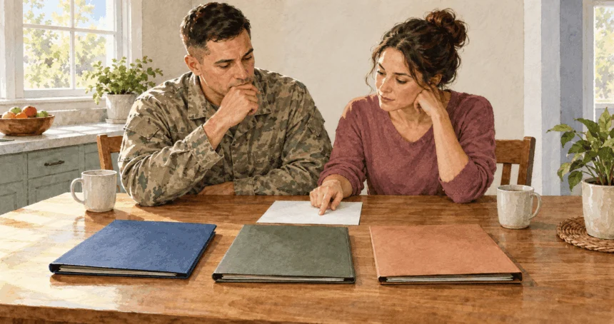 Conceptual painting of a military family comparing health-plan choices.