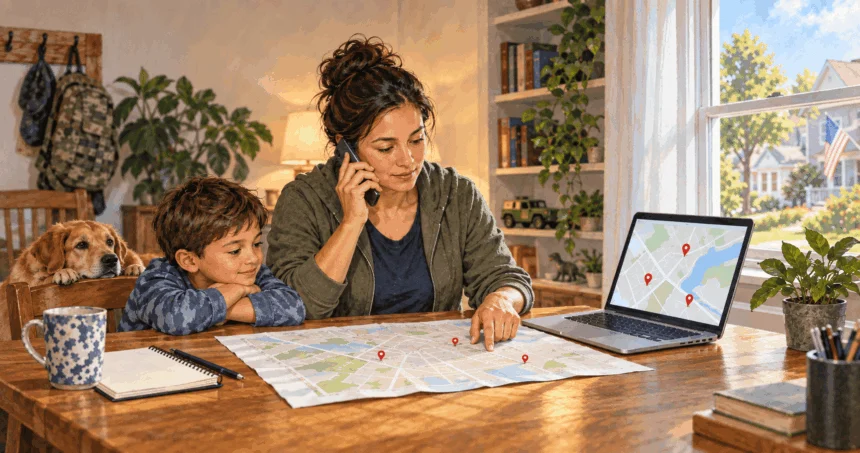 Painted illustration of a person calling a clinic while checking nearby care locations.