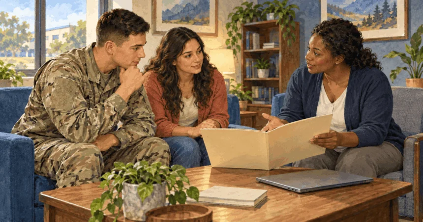 Painted illustration of a military household speaking with a benefits counselor in an office.
