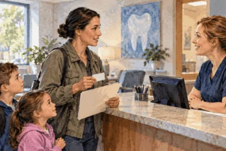 Conceptual watercolor painting of family member asks about dental coverage.