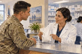 Conceptual painting of a beneficiary speaking with a pharmacist at a military-clinic counter.