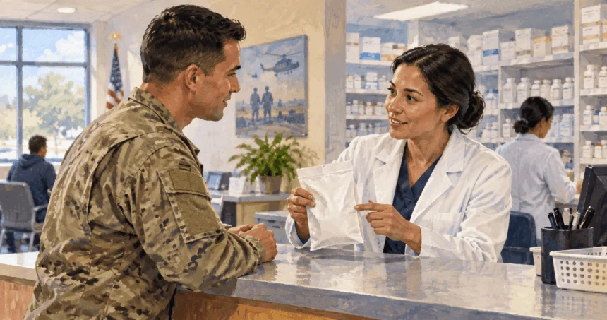Conceptual painting of a beneficiary speaking with a pharmacist at a military-clinic counter.