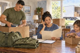 Military family member calls about health coverage while packing for a move.