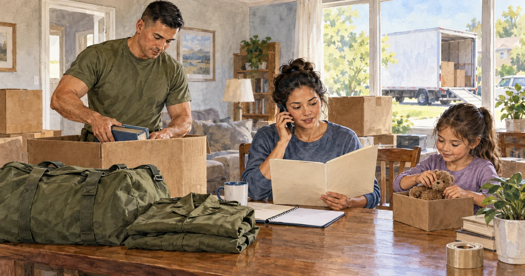 Military family member calls about health coverage while packing for a move.