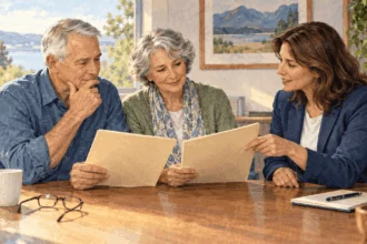 Conceptual painting of a retired service member and spouse reviewing coverage folders with a counselor.