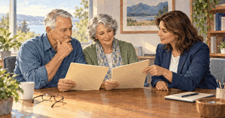 Conceptual painting of a retired service member and spouse reviewing coverage folders with a counselor.