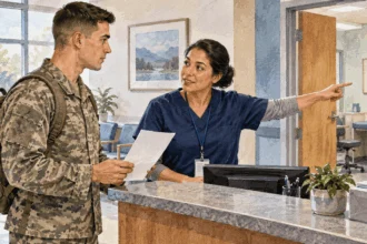Conceptual painting of a service member asking about a referral at a clinic.