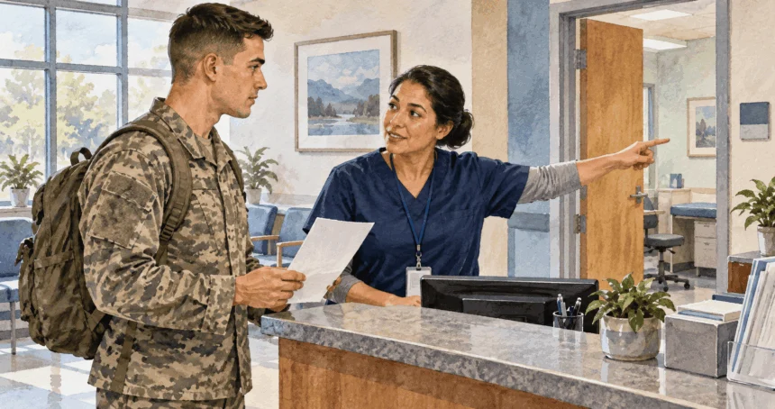 Conceptual painting of a service member asking about a referral at a clinic.