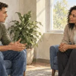 Conceptual painting of a service member speaking with a counselor.