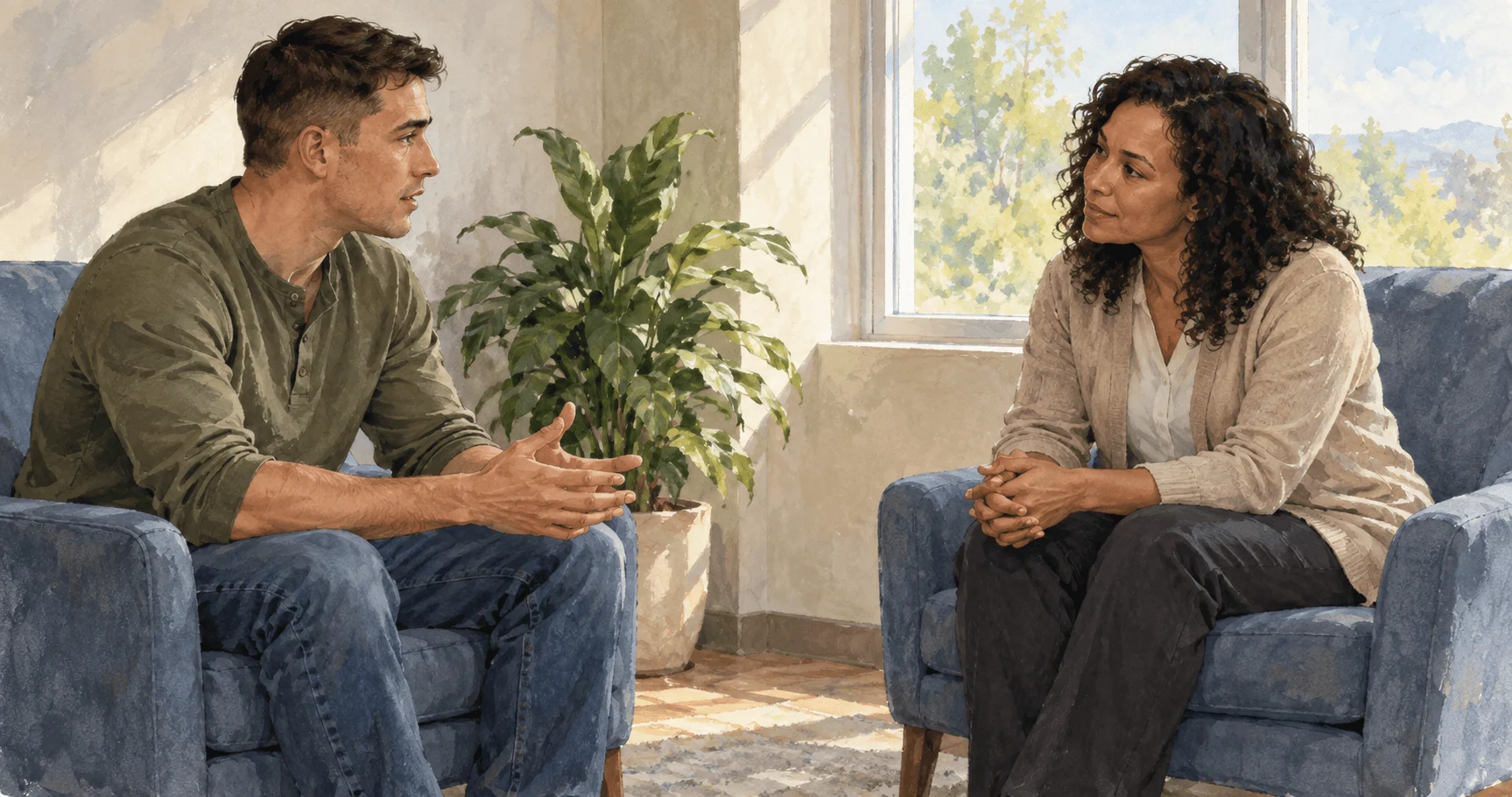Conceptual painting of a service member speaking with a counselor.
