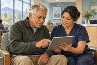 Conceptual painting of a retiree using a blank health portal tablet with clinic staff.