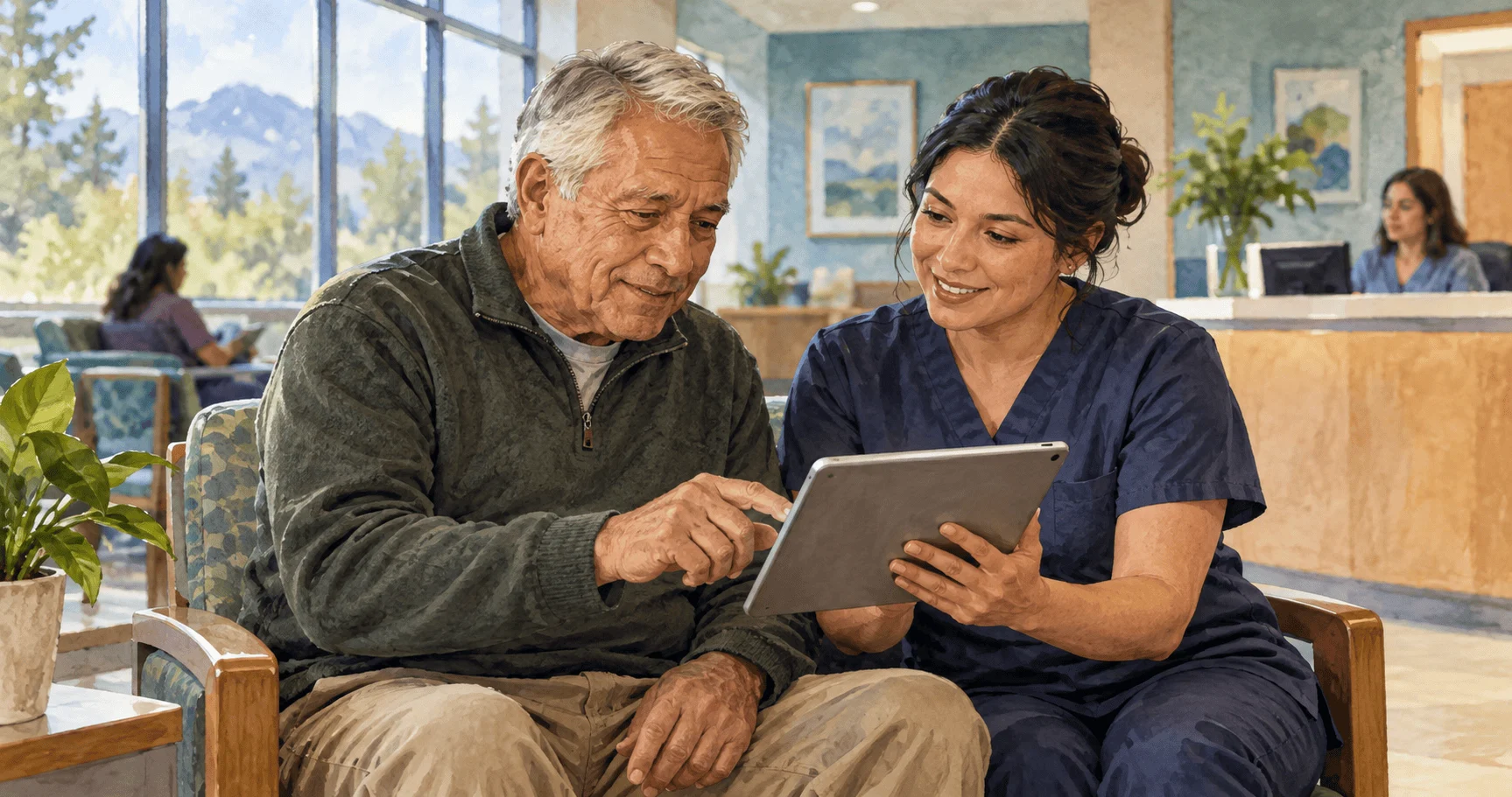 Conceptual painting of a retiree using a blank health portal tablet with clinic staff.