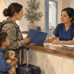 Conceptual painting of a military family member discussing health coverage at a clinic abroad.