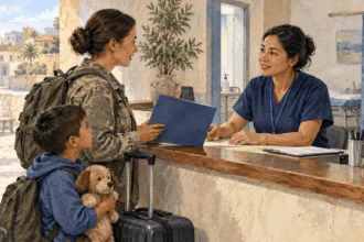 Conceptual painting of a military family member discussing health coverage at a clinic abroad.