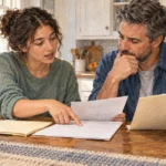 Young adult and parent compare health-plan folders at a table.