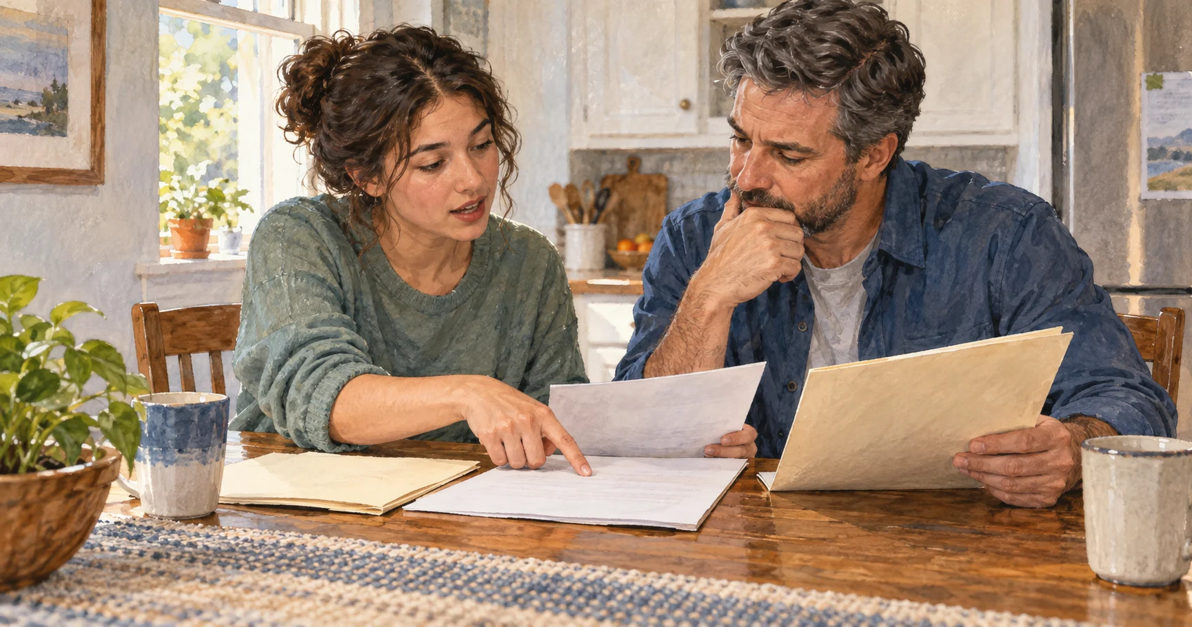 Young adult and parent compare health-plan folders at a table.