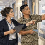 Painted illustration of military health staff coordinating care in a clinic.