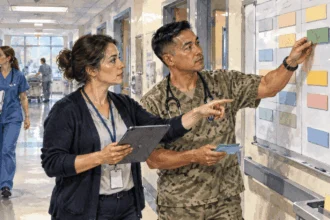 Painted illustration of military health staff coordinating care in a clinic.