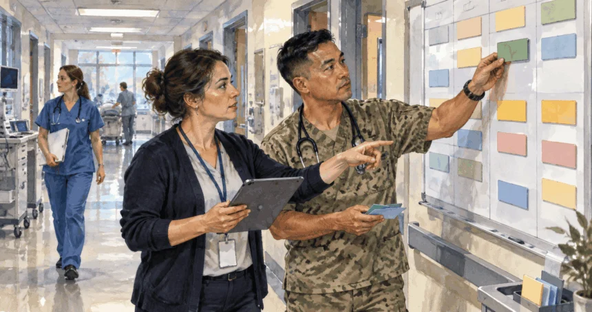 Painted illustration of military health staff coordinating care in a clinic.