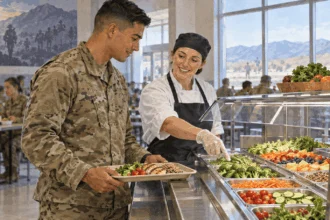 Conceptual painting of a service member choosing food in a dining facility.