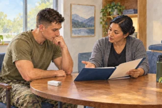 Service member and counselor discuss tobacco cessation resources.