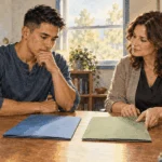 Conceptual watercolor painting of a service member and counselor consider help options.