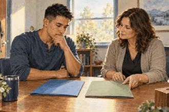 Conceptual watercolor painting of a service member and counselor consider help options.