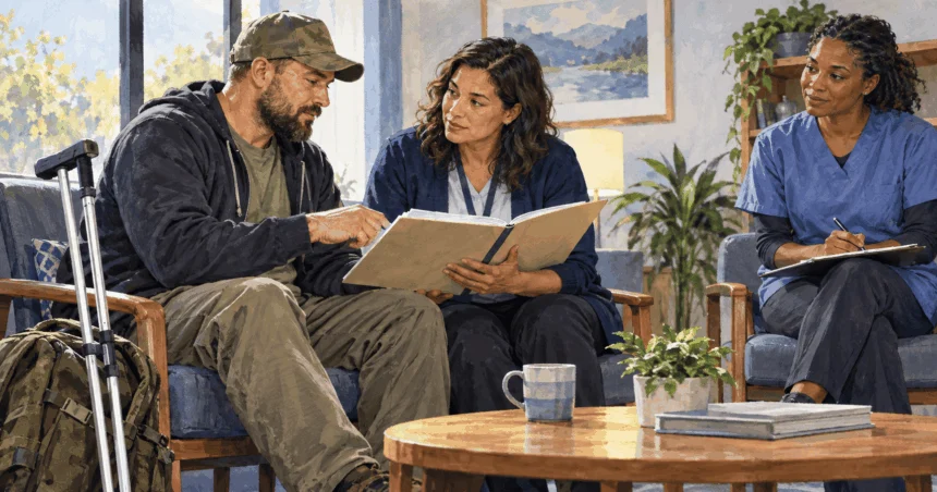 Painted illustration of a veteran and care team reviewing a folder in an accessible office.