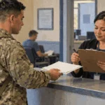 Conceptual painting of a service member reviewing blank ID paperwork with a clerk.