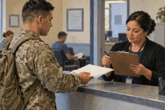 Conceptual painting of a service member reviewing blank ID paperwork with a clerk.